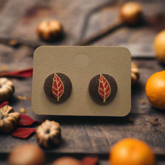 Fall Leaves Fabric Button Earrings (13mm)