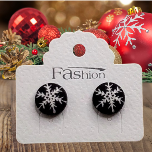 Farmhouse Christmas Snowflakes Fabric Button Stud Earrings (13mm)