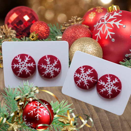 Farmhouse Christmas Snowflakes Red Fabric Button Stud Earrings (13mm)