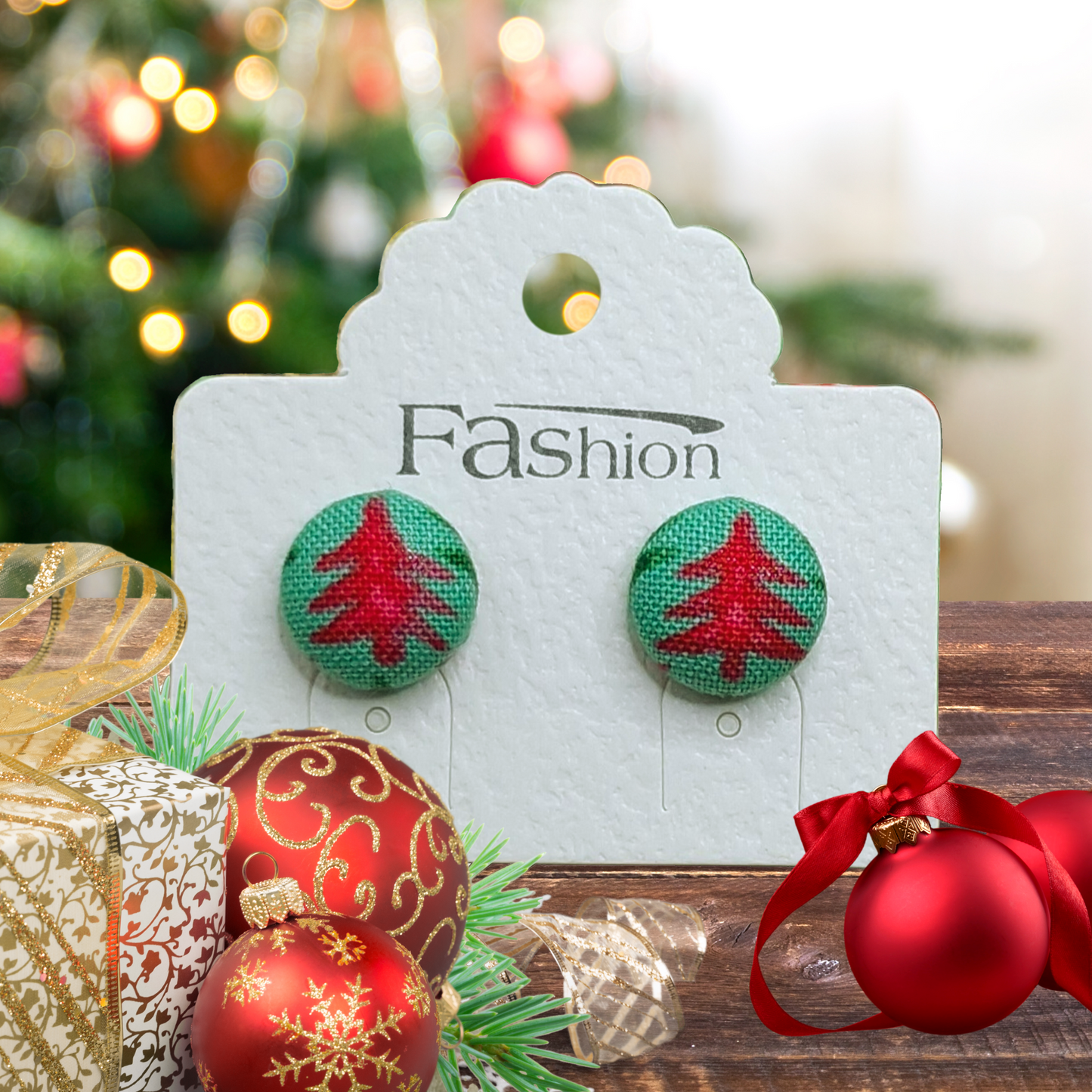 Festive Firs Red Fabric Fabric Button Earrings (13mm)