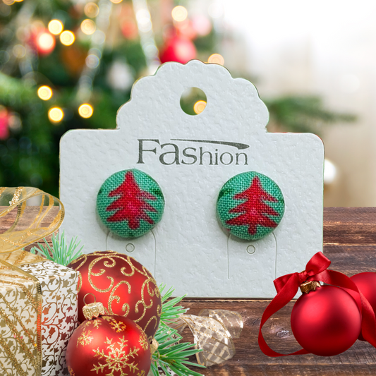 Festive Firs Red Fabric Button Stud Earrings (13mm)