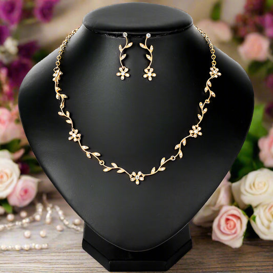 Floral Pattern Rhinestone Necklace & Earring Set