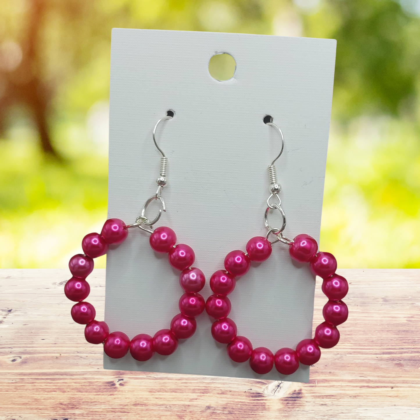 Fuchsia Beaded Hoop Dangle Earrings