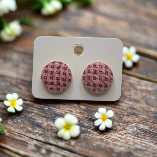 Gingham Fabric Button Earrings (16mm)