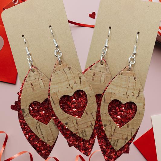 Glitter Imitation Leather & Cork Heart Earrings