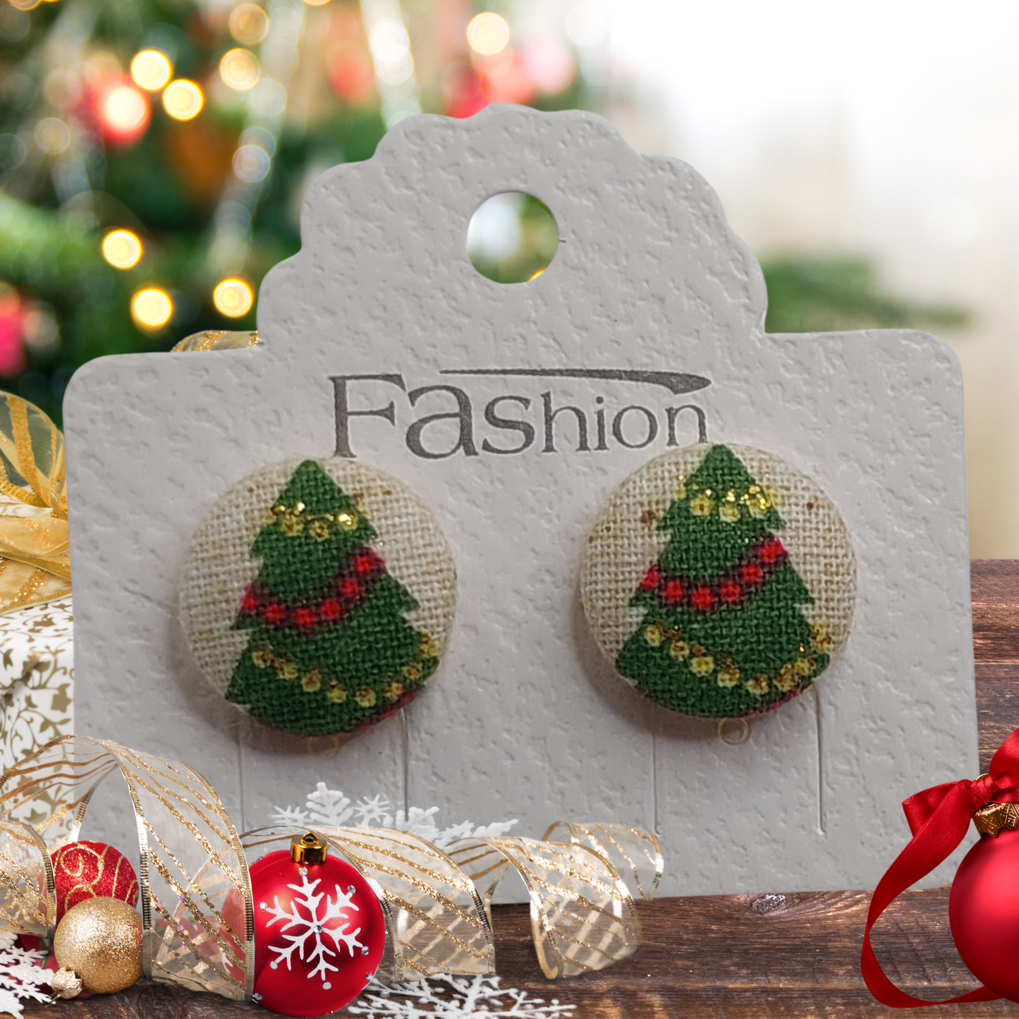 Glittery Christmas Trees Fabric Button Stud Earrings (16mm)