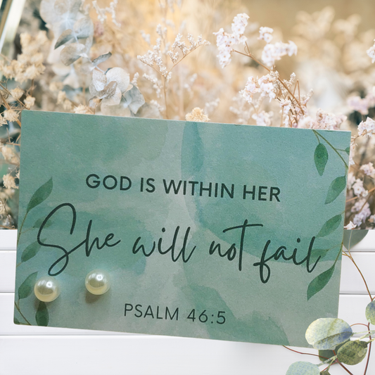 God is Within Her, She Will Not Fail Card with 6mm Imitation Pearl Earrings