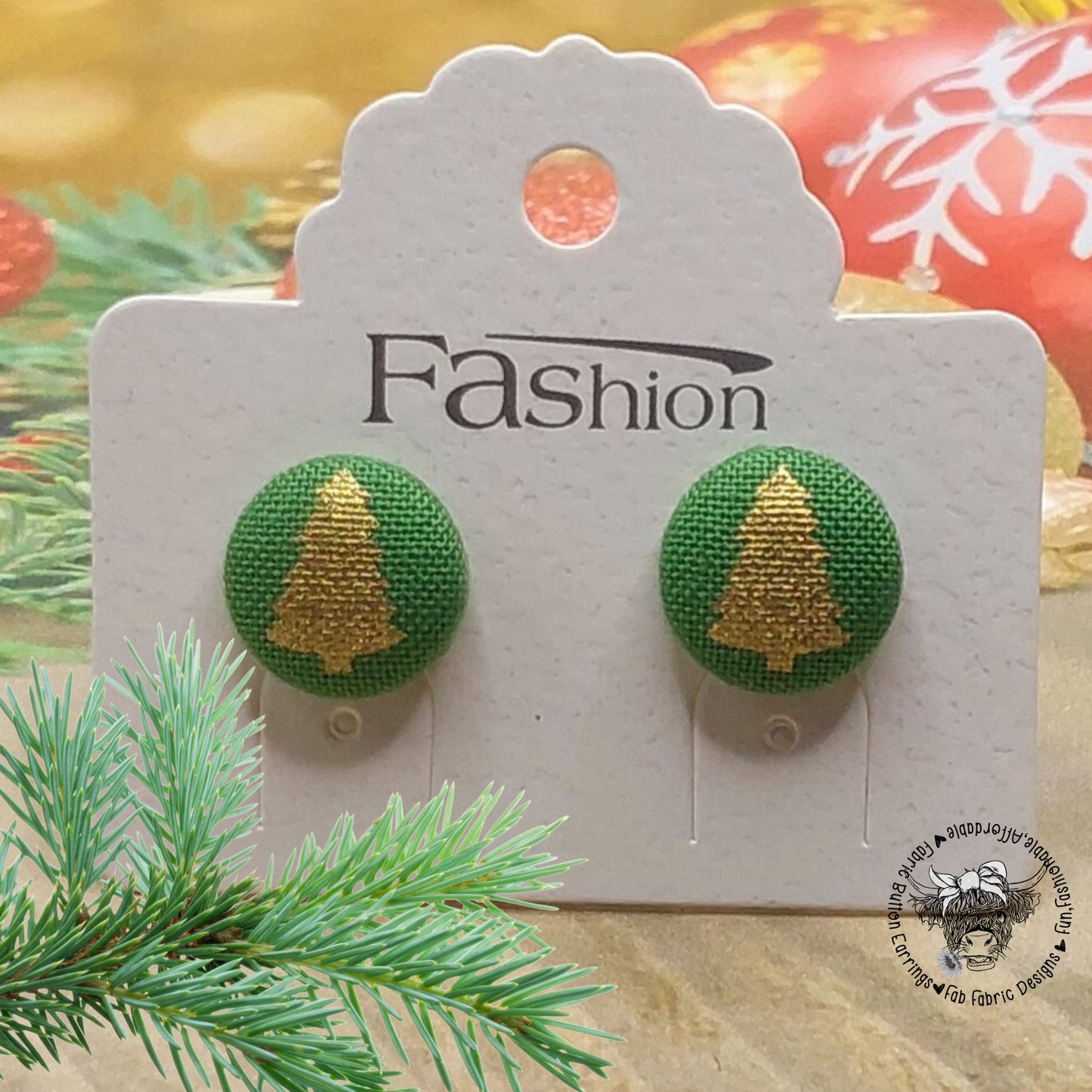 Gold Metallic Christmas Tree Fabric Button Stud Earrings (13mm)