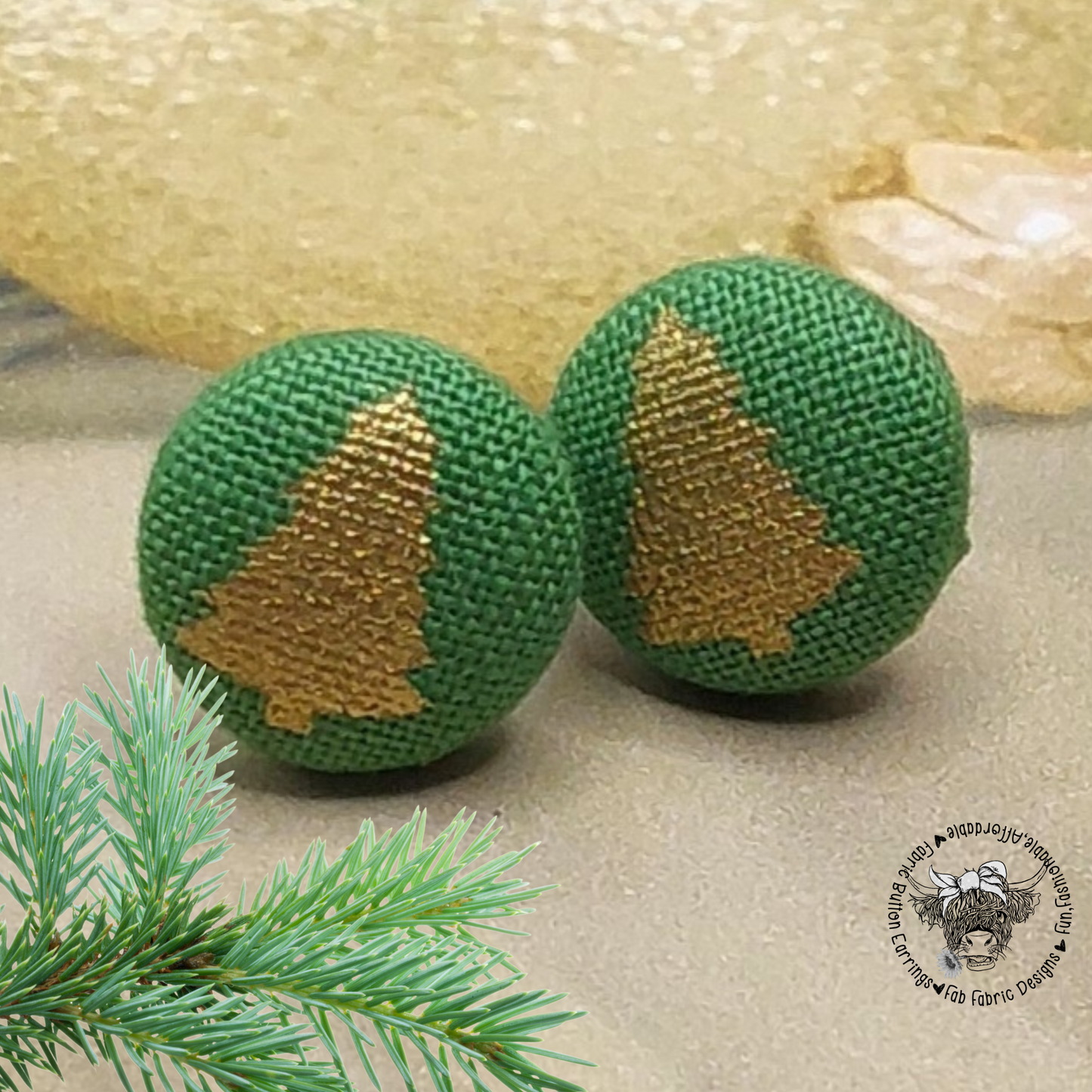 Gold Metallic Christmas Tree Fabric Button Stud Earrings (13mm)
