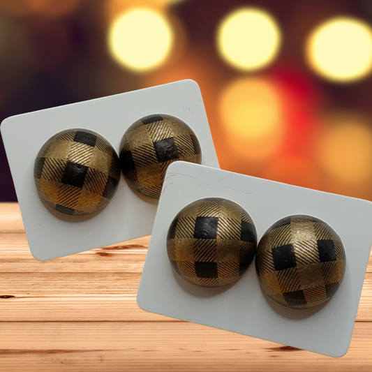 Gold & Black Plaid Wood Stud Earrings (15mm)