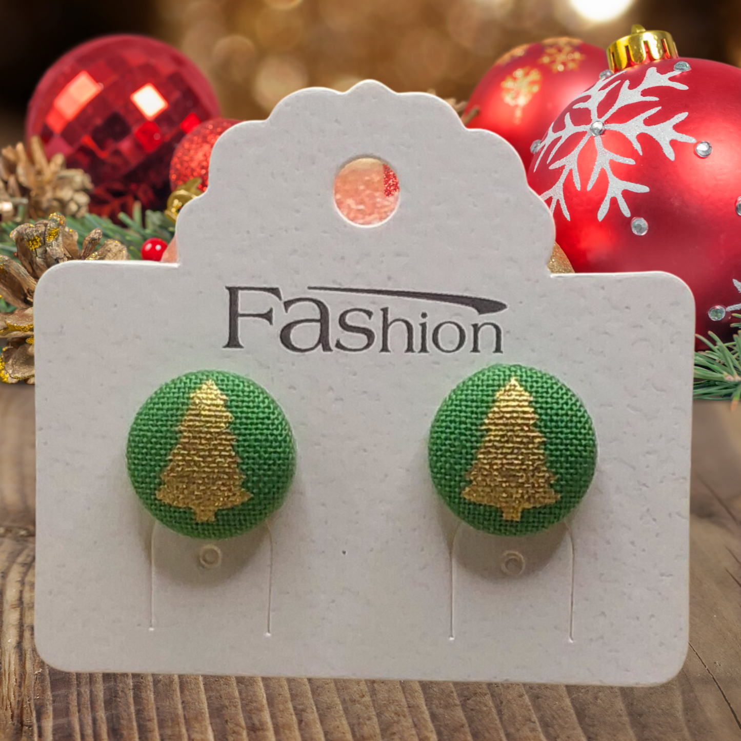 Gold Metallic Christmas Tree Fabric Button Stud Earrings (13mm)