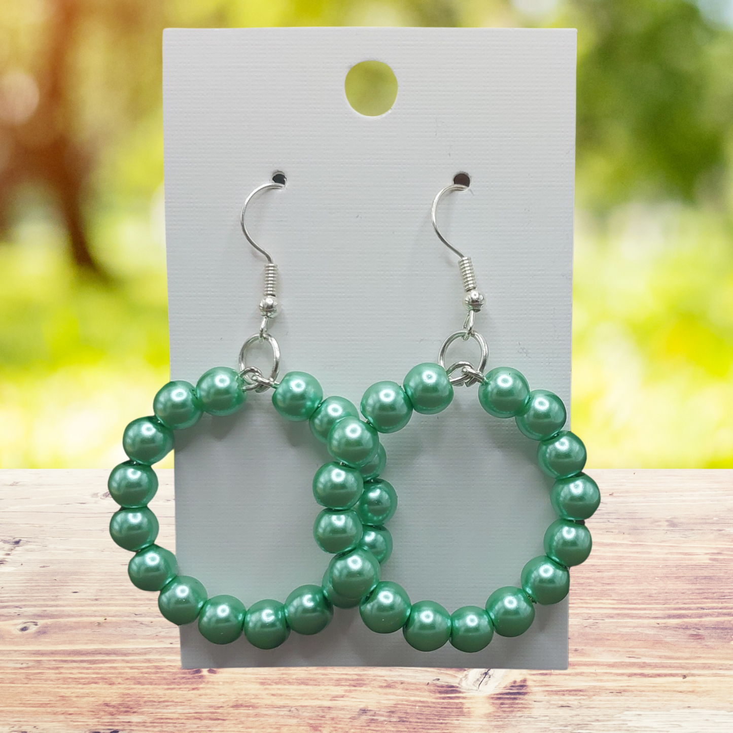 Green Beaded Hoop Dangle Earrings