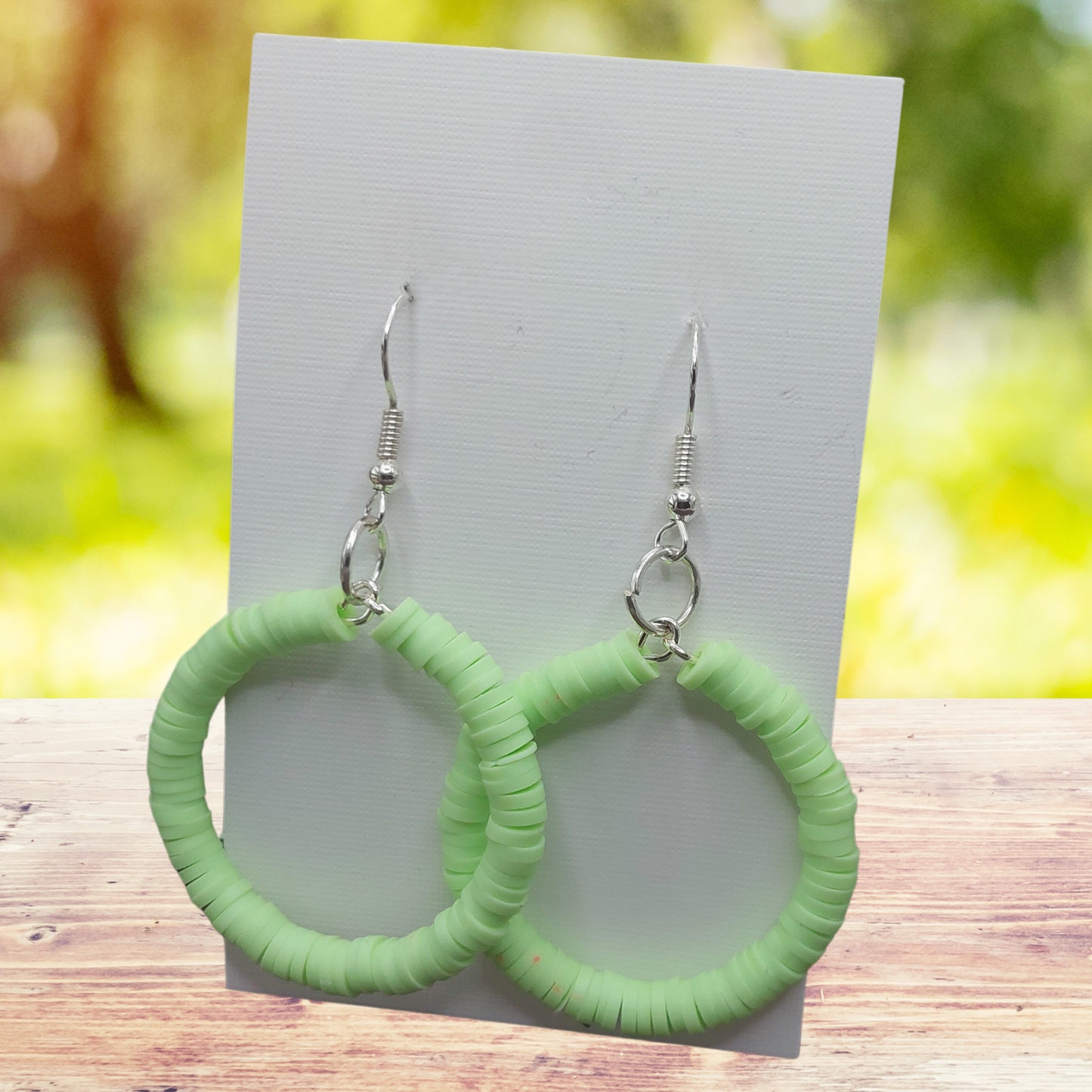 Green Heishi Bead Hoop Dangle Earrings