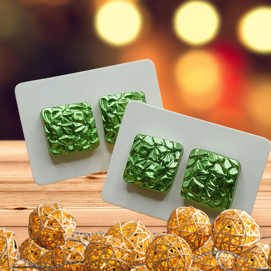 Green Pearlescent Textured Square Earrings (12mm)