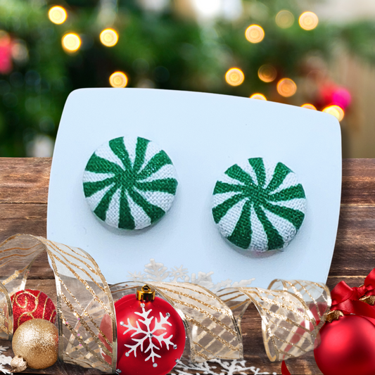 Green Peppermint Fabric Button Stud Earrings (13mm)