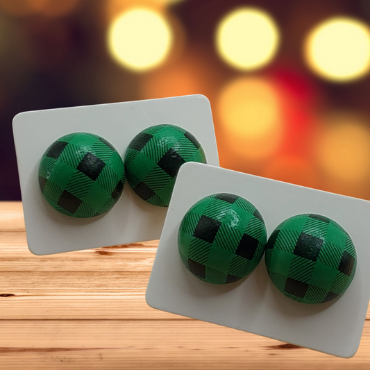 Green & Black Plaid Wood Stud Earrings (15mm)