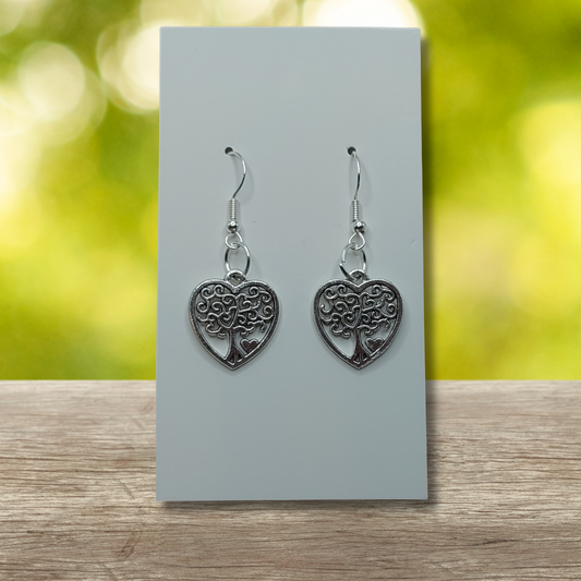 Heart with Tree Pattern Dangle Earrings