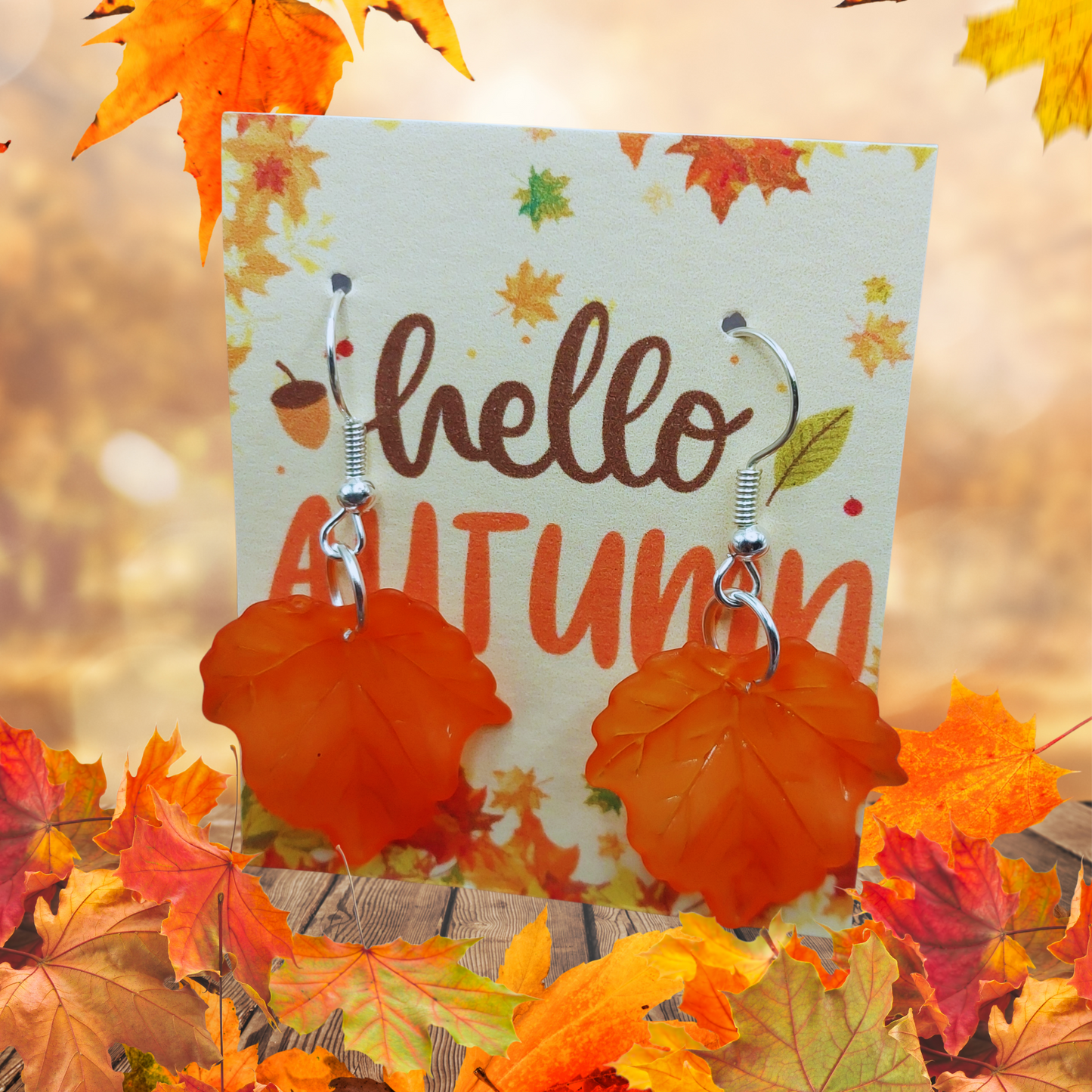 Hello Autumn Card with Orange Maple Leaf Earrings