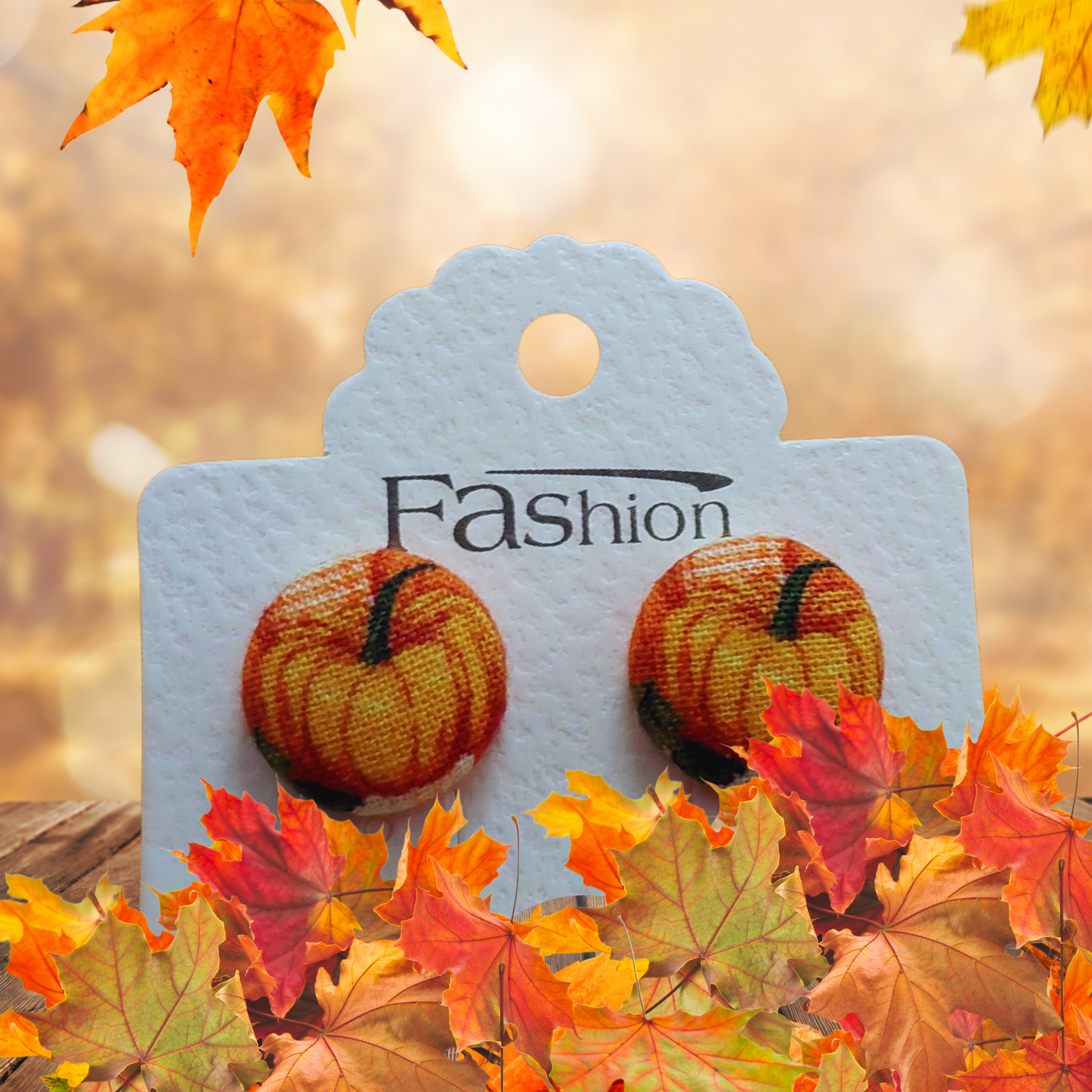 Hello Fall Pumpkins Fabric Button Earrings (16mm)