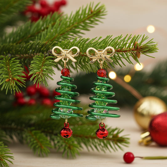 Bells & Bows Spiral Christmas Tree Dangle Stud Earrings