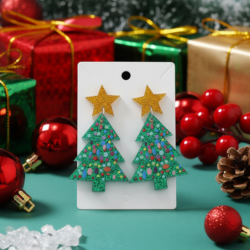 Glitter Christmas Tree Dangle Stud Earrings