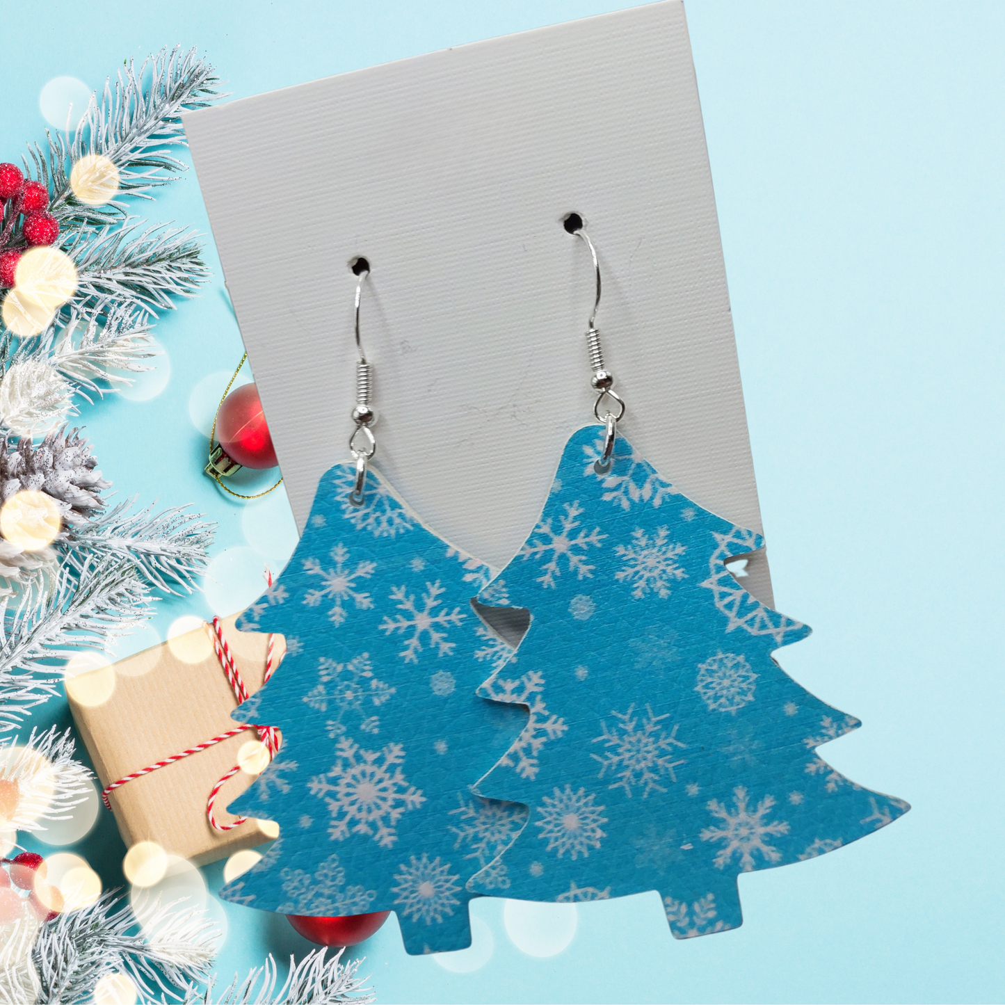 Imitation Leather Blue Snowflakes Tree Earrings