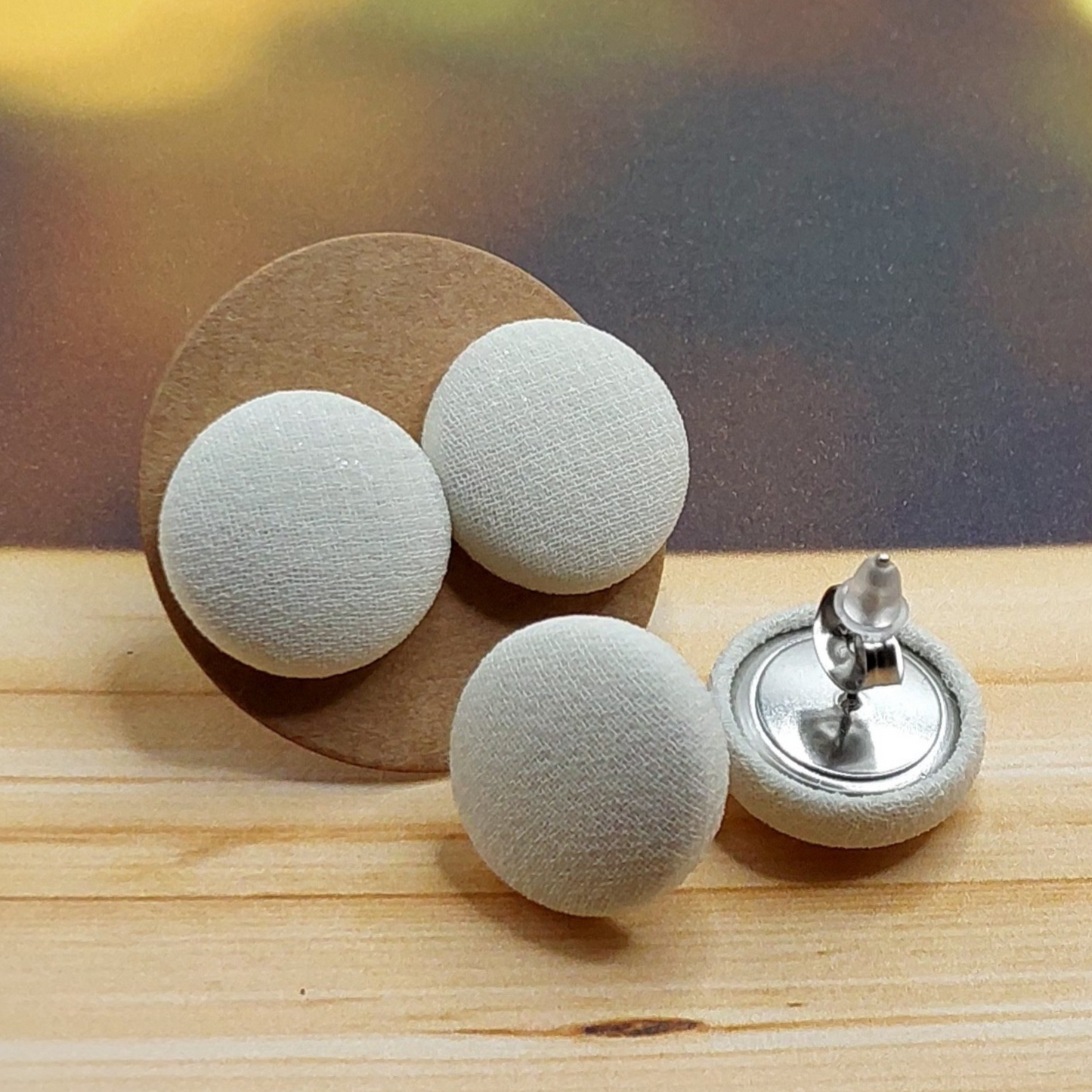 Ivory Chiffon Fabric Button Earrings (13mm)