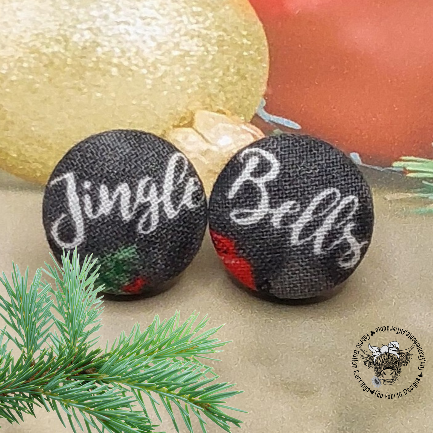Jingle Bells Fabric Button Stud Earrings (19mm)