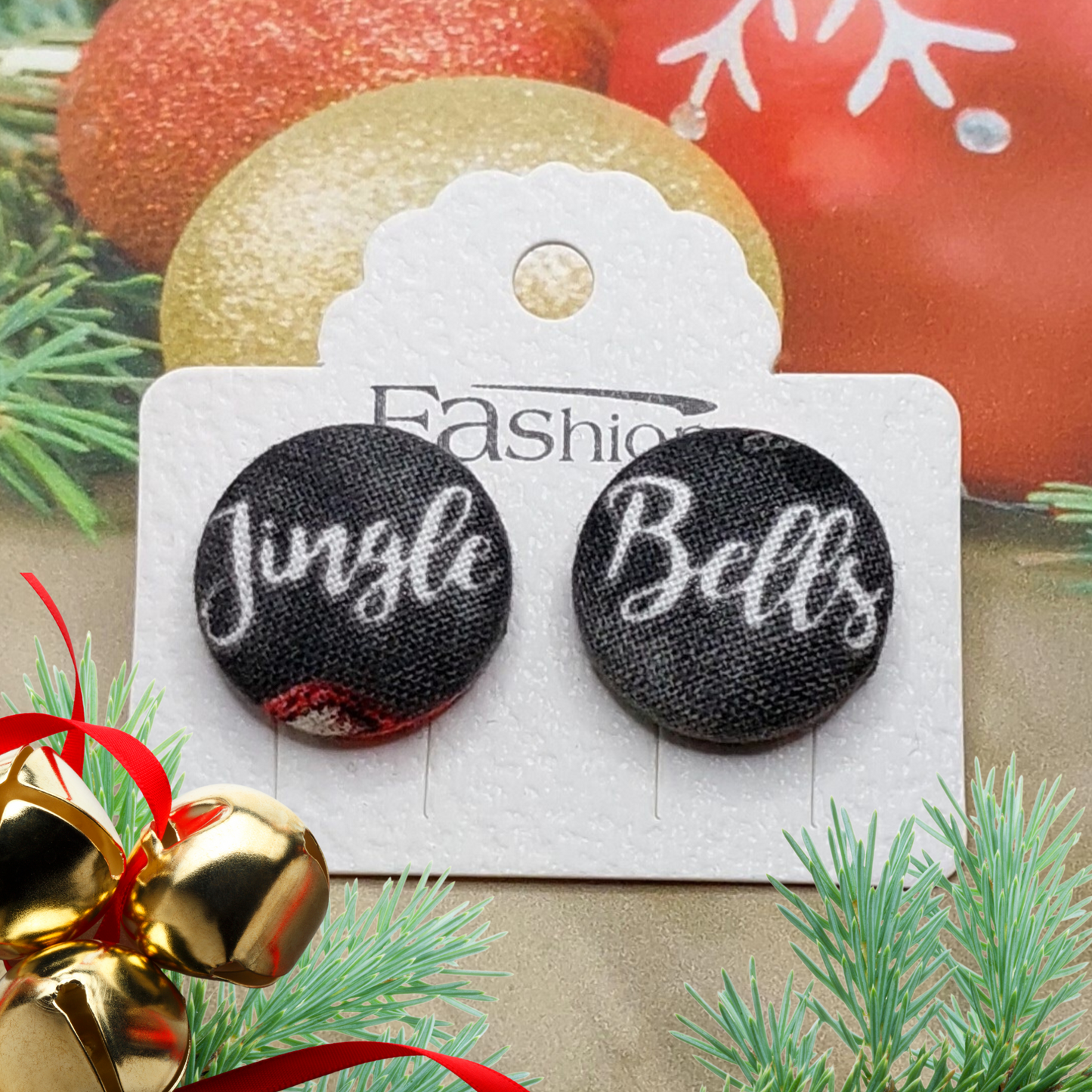 Jingle Bells Fabric Button Stud Earrings (19mm)