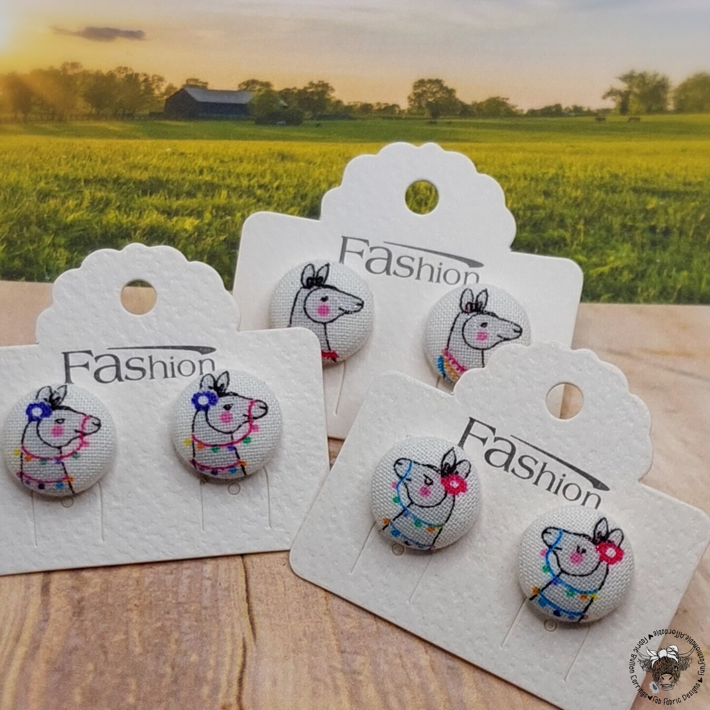 Llama Fabric Button Stud Earrings (16mm)