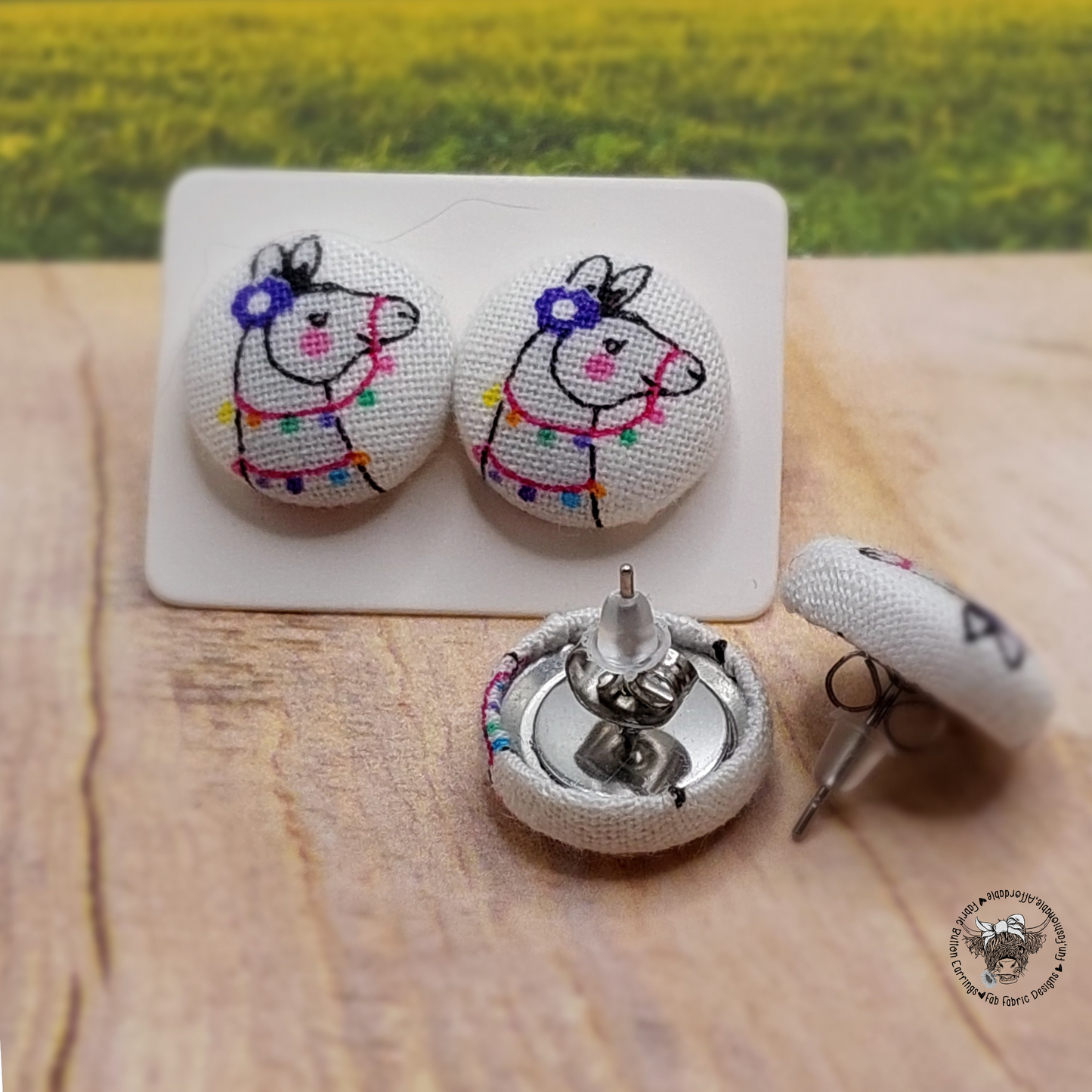 Llama Fabric Button Stud Earrings (16mm)