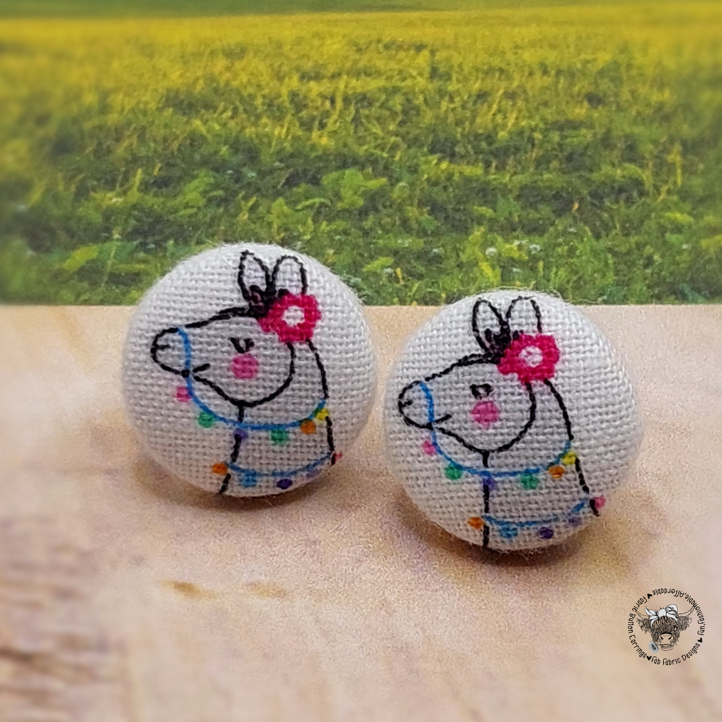 Llama Fabric Button Stud Earrings (16mm)