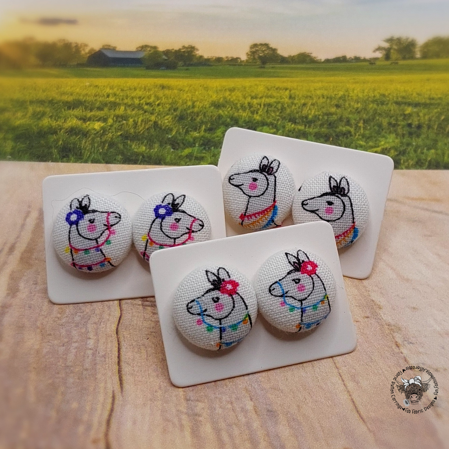 Llama Fabric Button Stud Earrings (16mm)