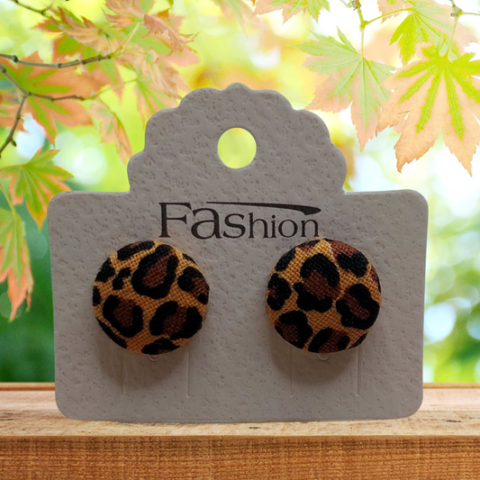 Leopard Print Fabric Button Stud Earrings (13mm)