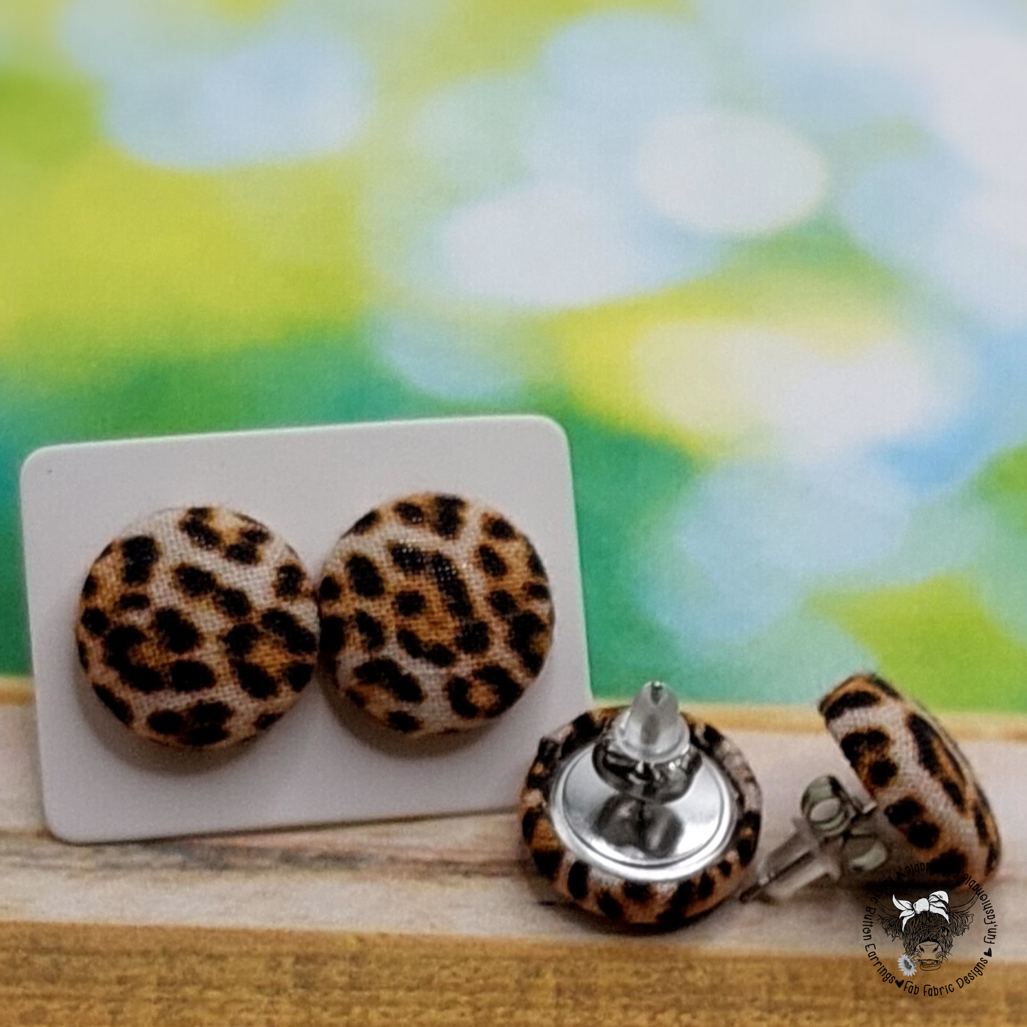 Leopard Print Pattern Fabric Button Stud Earrings (16mm)