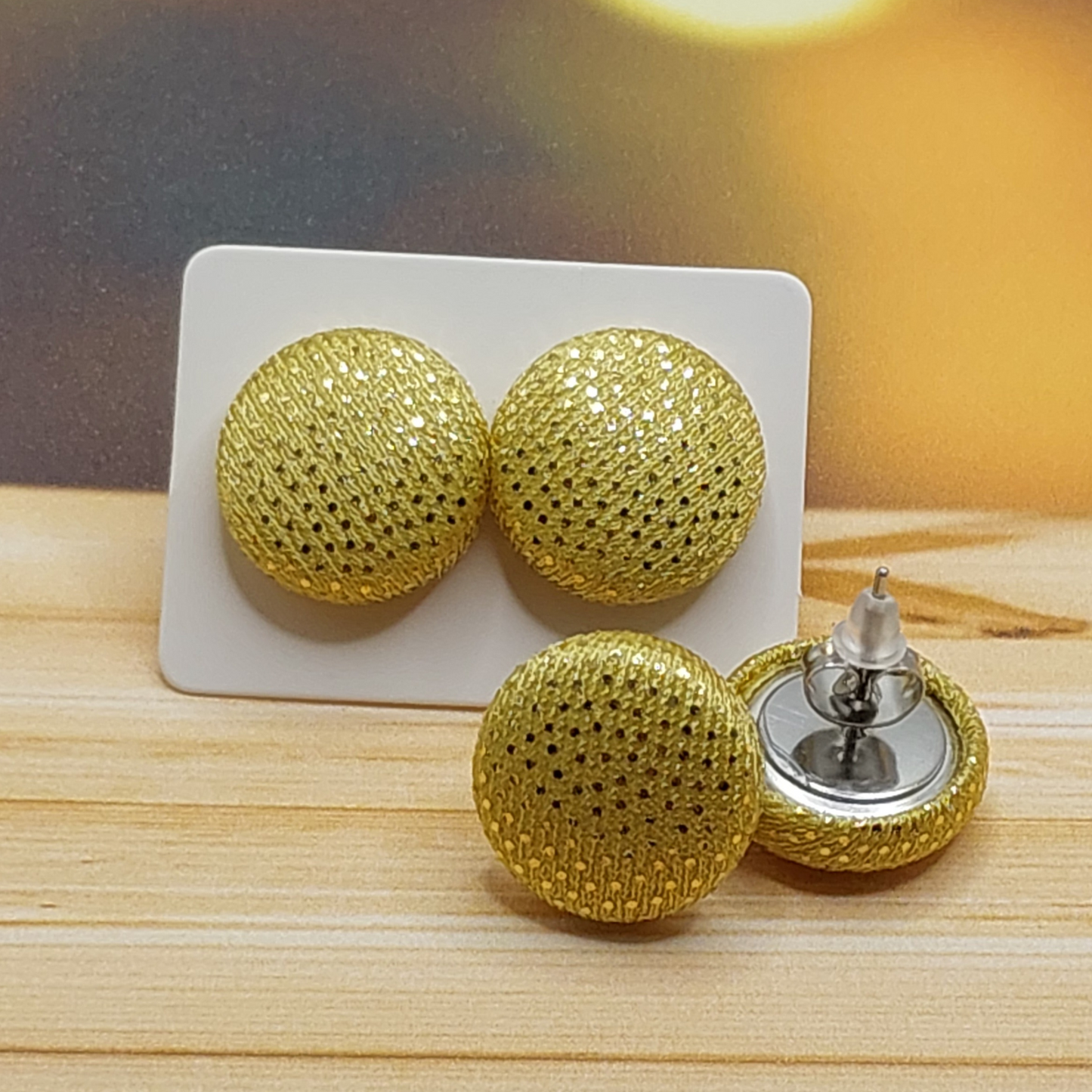 Light Gold Fabric Button Stud Earrings (16mm)