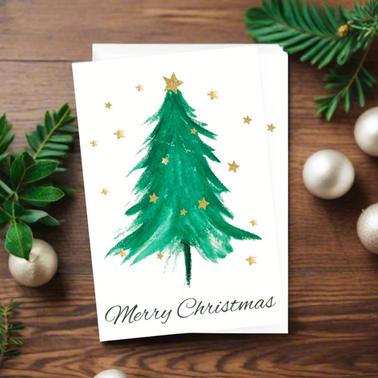 Christmas card with a green watercolor tree and gold stars on a white background