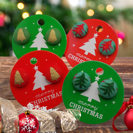 Merry Christmas Gift Tag with 13mm Fabric Button Christmas Tree Earrings