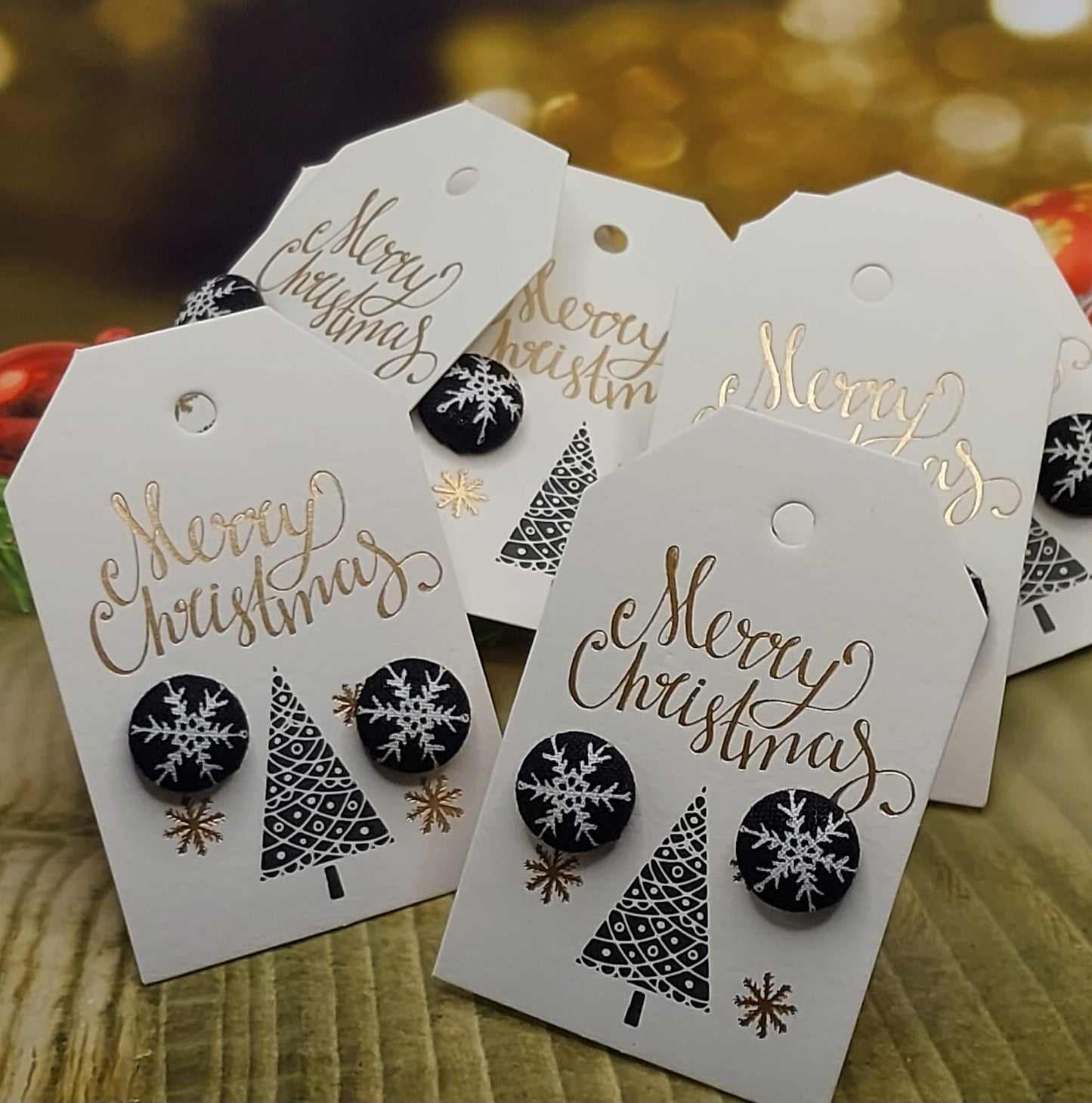 Merry Christmas Gift Tag with 13mm Farmhouse Christmas Fabric Button Earrings