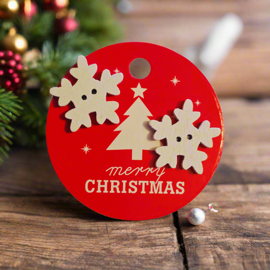 Merry Christmas Gift Tag with 13mm Wood Snowflake Button Earrings
