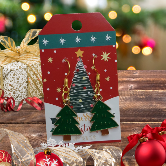 Merry Christmas Gift Tag with Christmas Tree Dangle Earrings