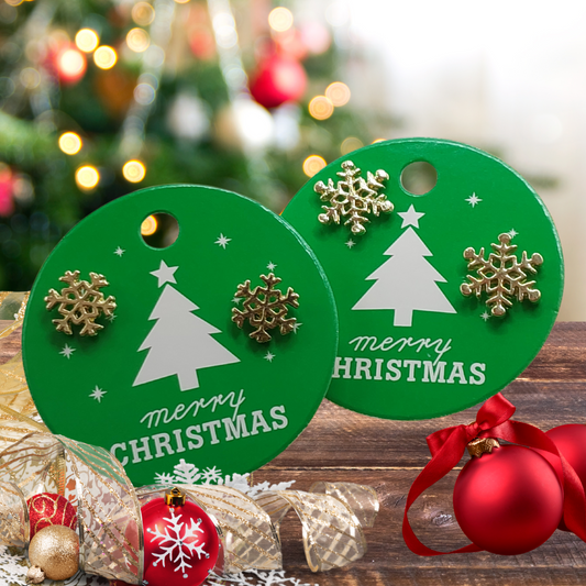 Merry Christmas Gift Tag with Gold Snowflake Earrings