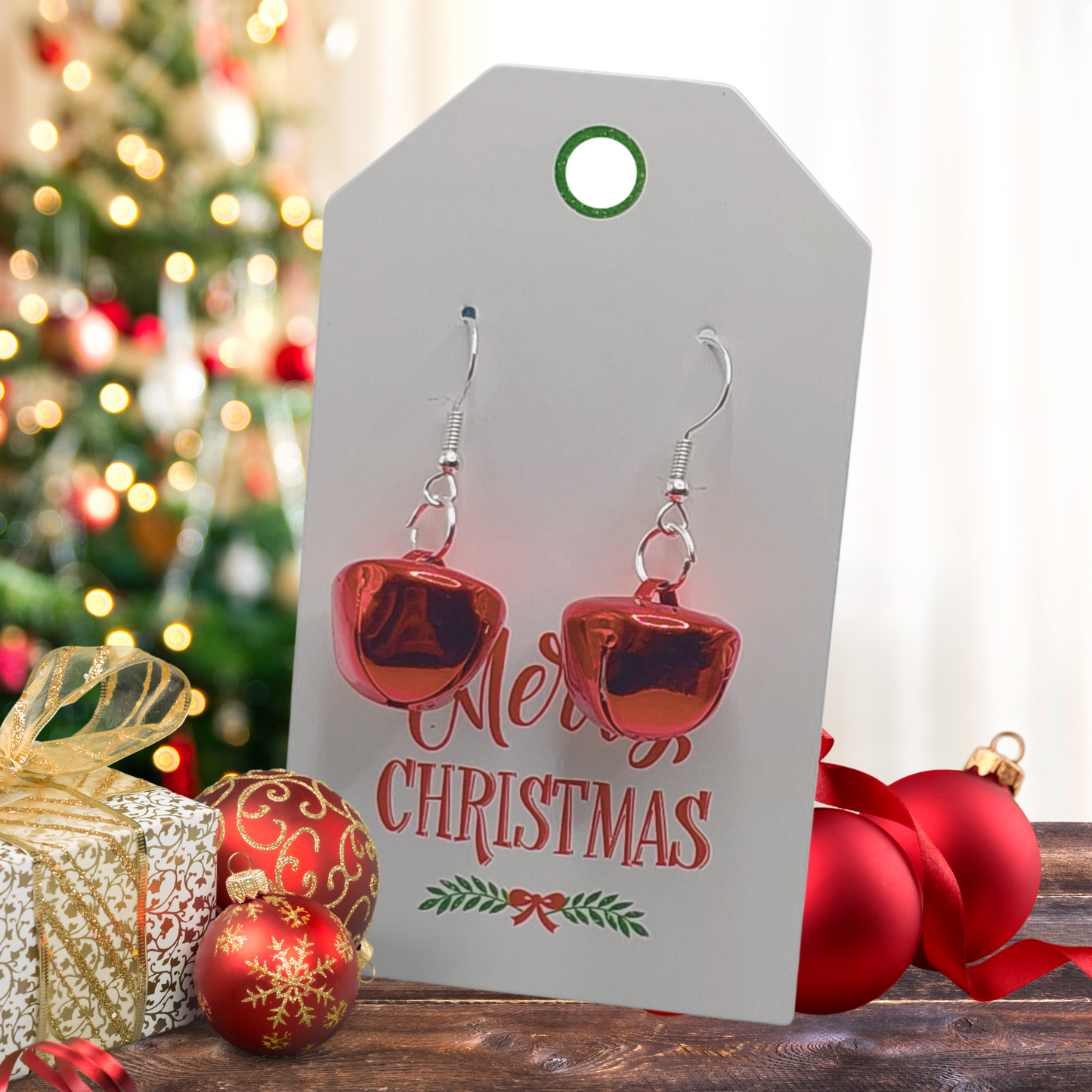 Merry Christmas Gift Tag with Red Bell Dangle Earrings
