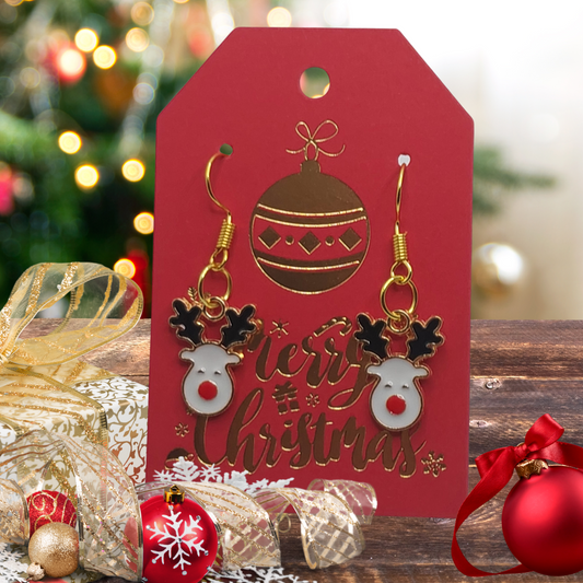 Merry Christmas Gift Tag with Reindeer Dangle Earrings