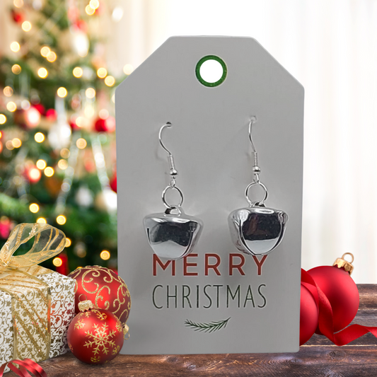 Merry Christmas Gift Tag with Silver Bell Dangle Earrings