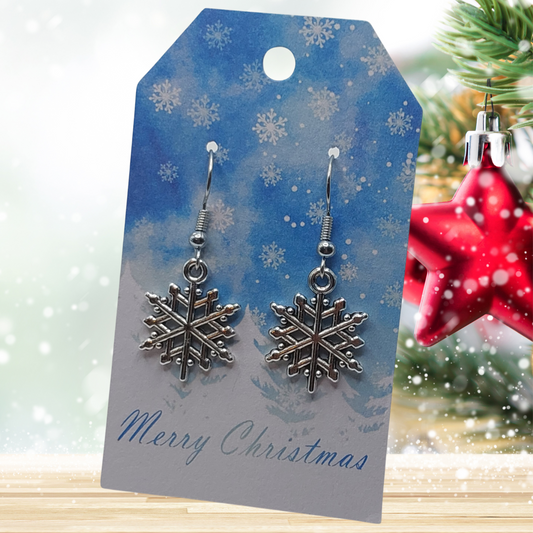 Merry Christmas Gift Tag with Snowflakes Dangle Earrings