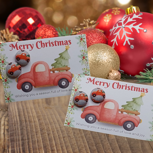 Merry Christmas Truck Card with 13mm Fabric Button Earrings