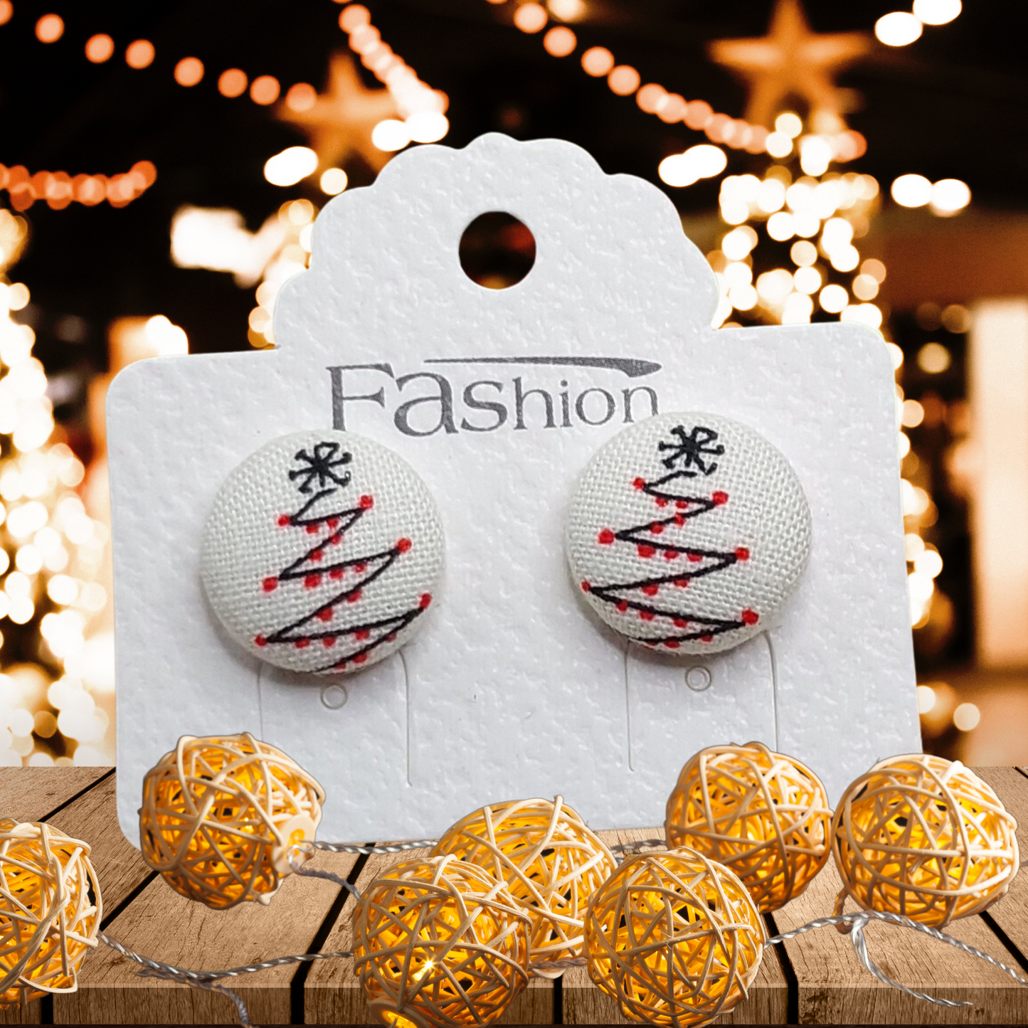 Merry Little Christmas Trees Fabric Button Stud Earrings (16mm)