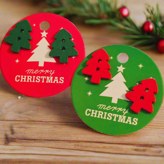 Merry Christmas Gift Tag with 13mm Wood Christmas Tree Button Earrings