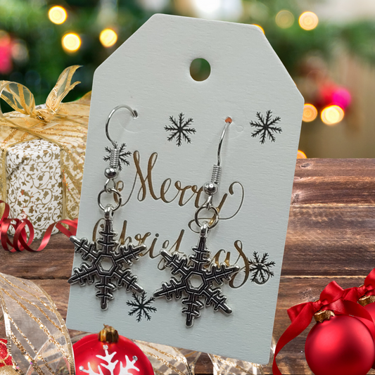 Merry Christmas Gift Tag with Snowflake Dangle Earrings